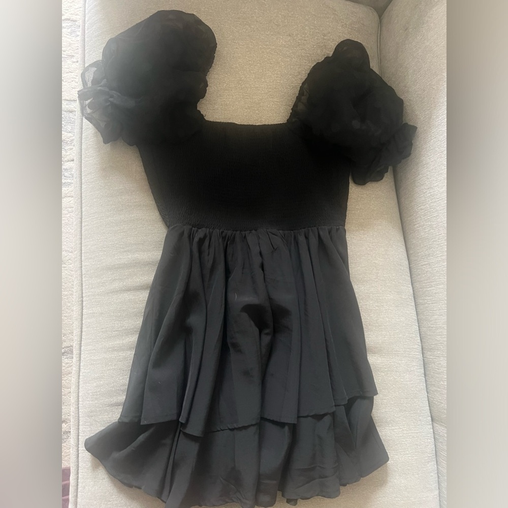 Black smocked top, puff sleeve romper
